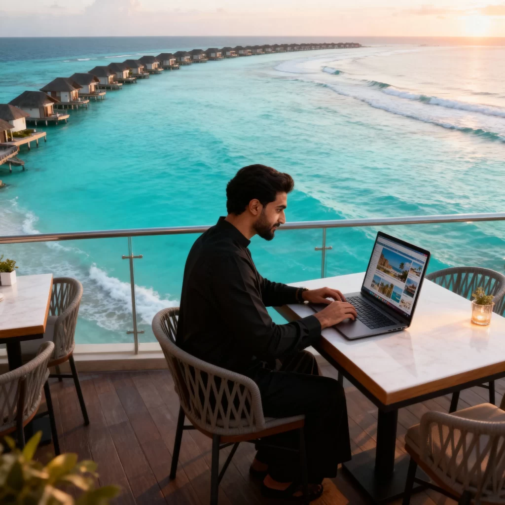 Wide editorial-style image of a traveler on a Dubai rooftop looking at global holiday destinations in the sky.